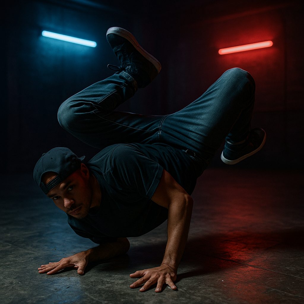 Bailarín de breaking haciendo un freeze en el piso del estudio con luces bajas