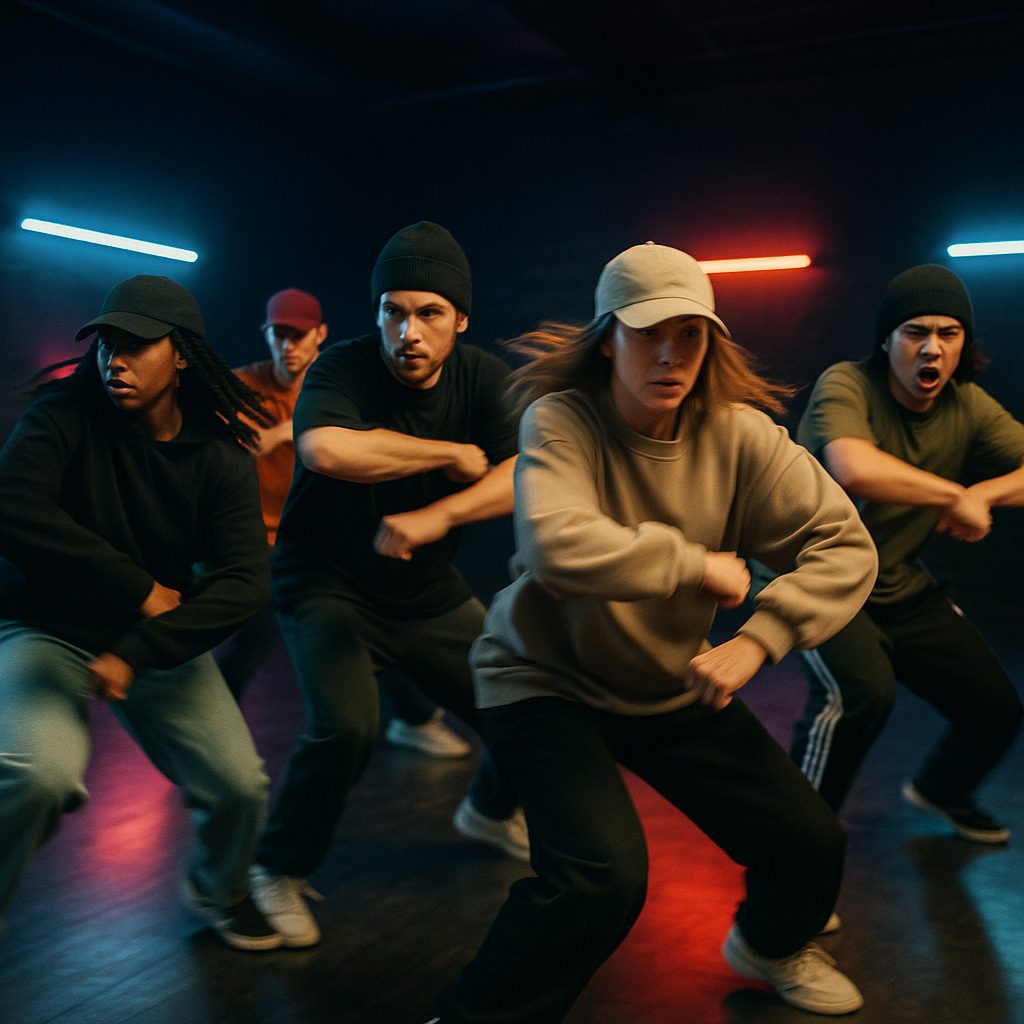 Crew de hip hop ensayando coreografía grupal en sala oscura con neones