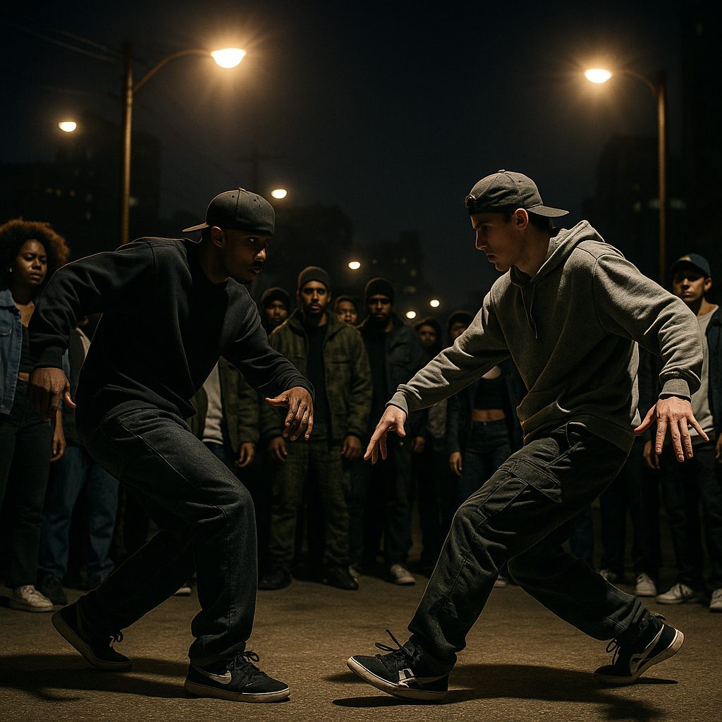 Batalla de baile urbano con público alrededor en un evento nocturno