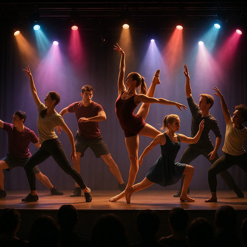 Muestra de fin de ciclo con bailarines en escenario iluminado con luces de colores