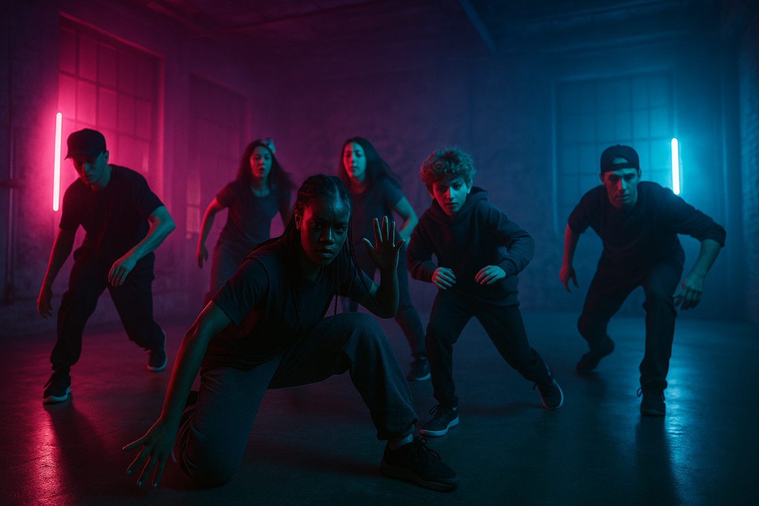 Grupo de bailarines urbanos entrenando en un estudio oscuro con luces de neón en Palermo